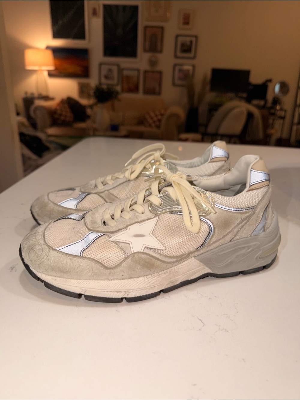 Golden Goose Women’s Dad Star Cream and Silver Star-Accent Sneakers